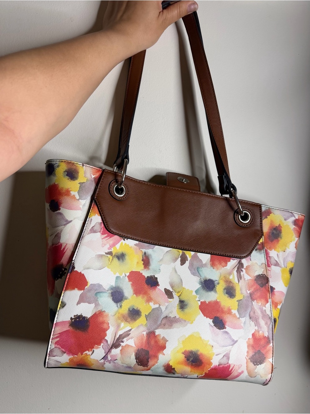 Chaps Multicolor Floral Tote with Brown Trim